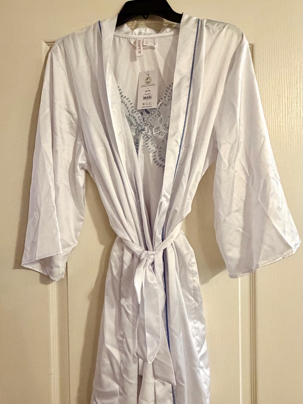 Light Blue Satin Lace-Trim Robe with Tie-Waist